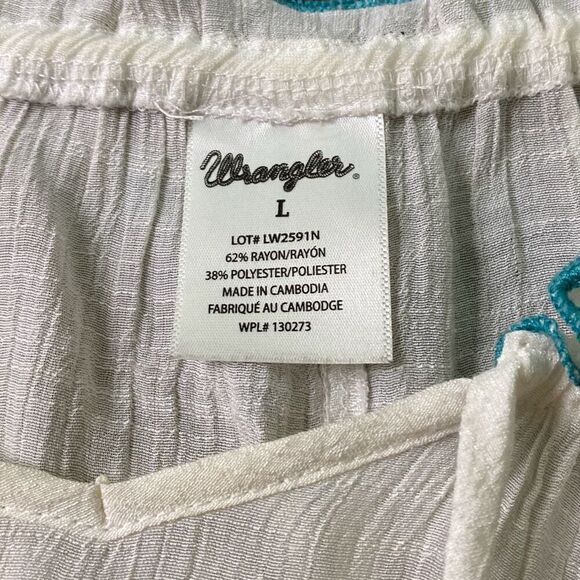 Wrangler peasant boho hippie shirt top turquoise tie neck Sz L - Picture 6 of 10